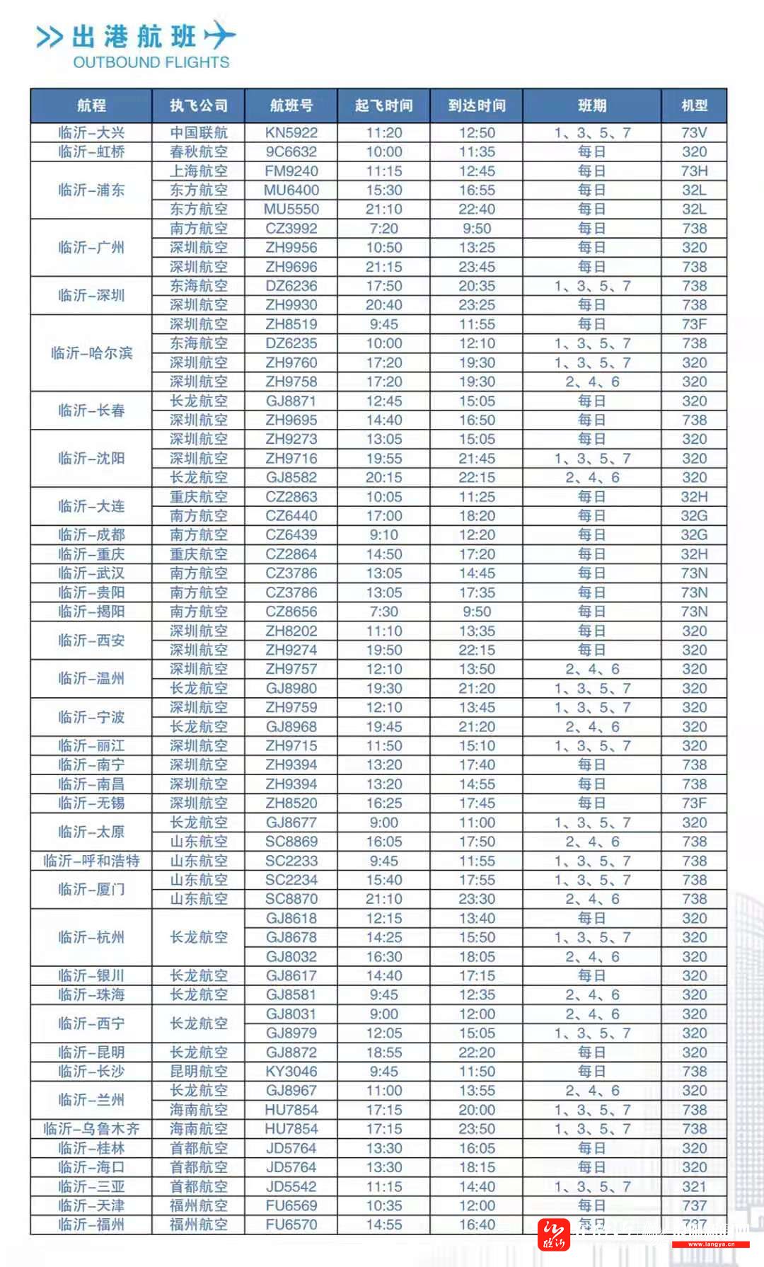 临沂启阳机场28日正式开启夏秋季航班计划